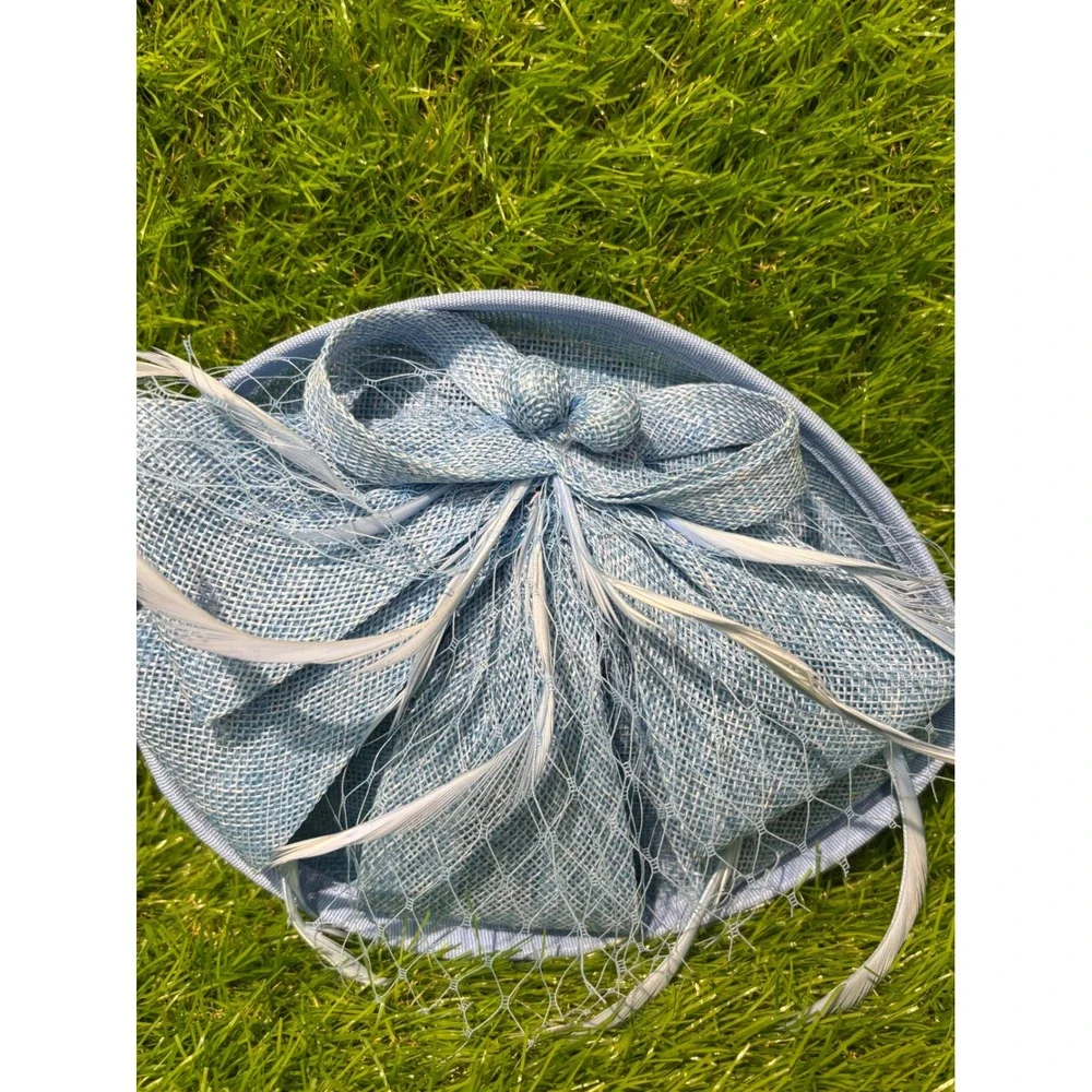 Light Blue Sinamay Fascinator Hat with Bow Feathers and Headband for Weddings
